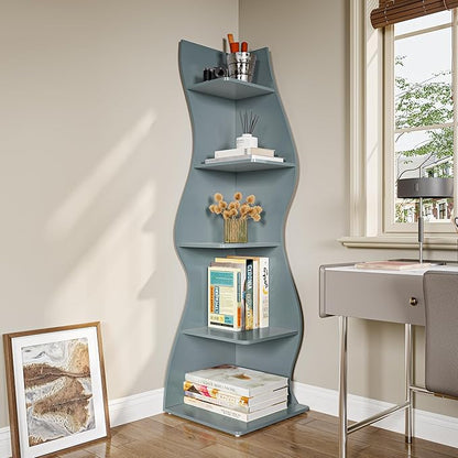 LITTLE TREE Small Corner Shelf, Modern 5-Tier Wall Corner Bookshelf, Stylish Bookcase Storage Rack for Small Space, Living Room, Bedroom, Blue, 2 Pack