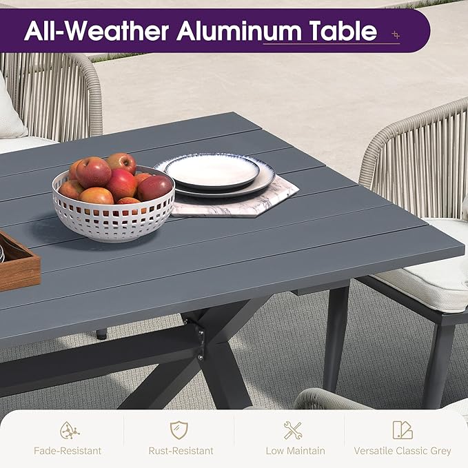 PURPLE LEAF 7 Pieces Patio Dining Table Set Wicker Outdoor Furniture Rectangular Table and Chairs Set for Garden Deck Aluminum Frame Backyard Kitchen Set, Cushions and Pillows Included Taupe