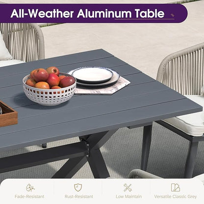 PURPLE LEAF 7 Pieces Patio Dining Table Set Wicker Outdoor Furniture Rectangular Table and Chairs Set for Garden Deck Aluminum Frame Backyard Kitchen Set, Cushions and Pillows Included Taupe