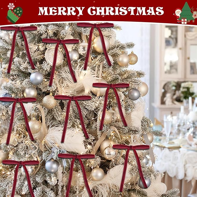 24 Pcs Red Velvet Christmas Ornaments, Rustic Velvet Bows for Christmas Tree, 5x7 Inch Pre-Tied Vintage Xmas Bows for Wreaths, Gifts and Holiday Home Décor, Ribbon Bows for Garland (3/8")