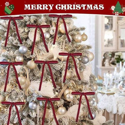 24 Pcs Red Velvet Christmas Ornaments, Rustic Velvet Bows for Christmas Tree, 5x7 Inch Pre-Tied Vintage Xmas Bows for Wreaths, Gifts and Holiday Home Décor, Ribbon Bows for Garland (3/8")