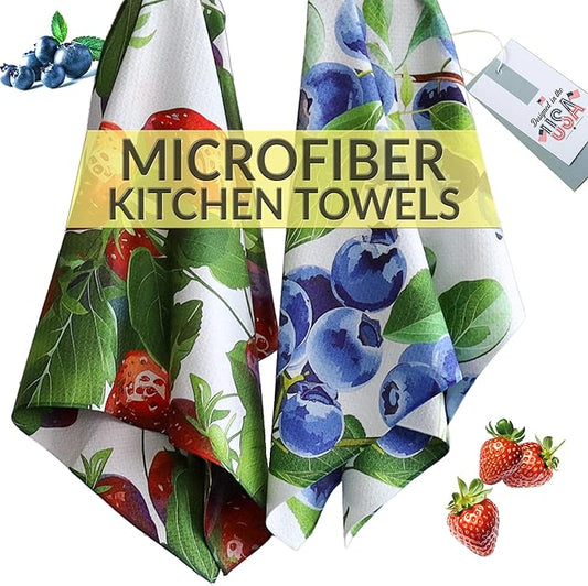 Strawberry Kitchen Dish Towels Decorative Set Absorbent Cute Vintage Waffle Towels with Hanging Loop