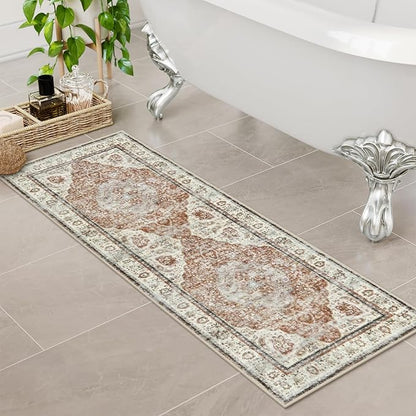 Uphome Orange Bathroom Rugs, Distressed Farmhouse Boho Bath Mat, Non Slip Washable Soft Velvet Bath Mats for Bathroom Floor, Vintage Traditonal Bath Runner for Bathtub Sink Shower, 18x47 inch