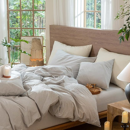 MooMee Wavy Striped Duvet Cover Set 100% Washed Cotton Linen Like Textured Breathable Durable Soft Comfy (Light Grey, Full 80"x90")