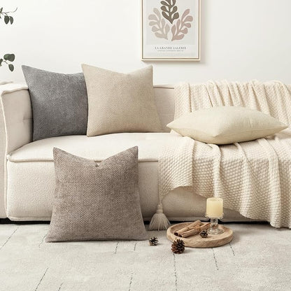 MIULEE Pack of 4 Christmas Throw Pillow Covers 16x16 Inch Neutral Beige/Brown Soft Decorative Chenille Pillow Covers Farmhouse Accent Cushion Covers for Boho Home Decor Bedroom Living Room