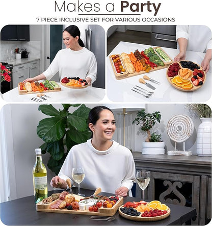 Charcuterie Board Gift Set - Bamboo Cheese Board & Serving Tray for Meat, Cheese, Crackers, and Fruit - Large Wooden Charcuterie Boards for Parties - Wedding, Housewarming, for Women