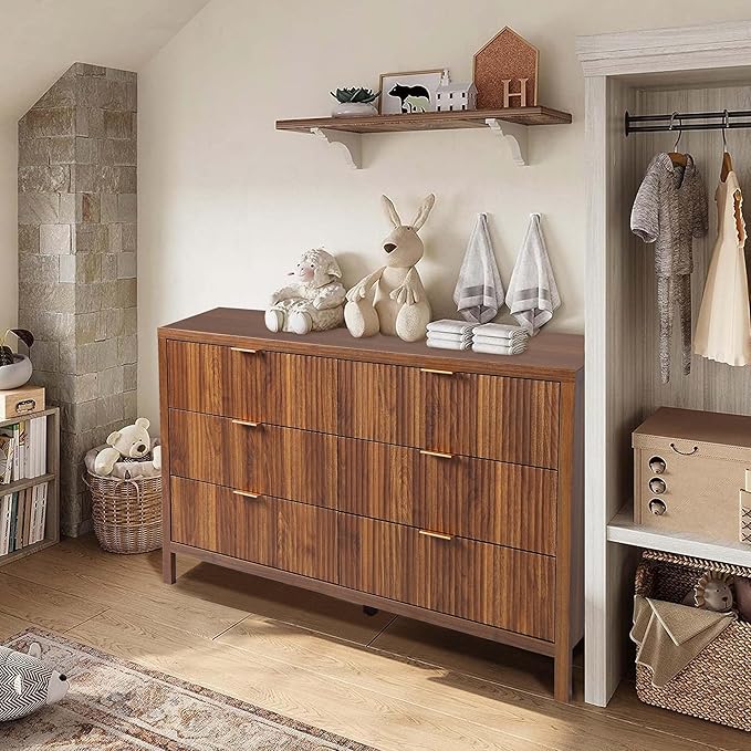 Fluted 6 Drawer Double Dresser for Bedroom, 47" Wide Modern Closet Dressers Chest of Drawers, Wood Storage Dresser Organizer for Nursery Bedroom Living Room Hallway Closet, Walnut