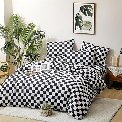 CLOTHKNOW California King Comforter Set Black Grid 3Pcs Bedding Comforter Sets Checker Comforter Black and White Comforter Sets Cal King