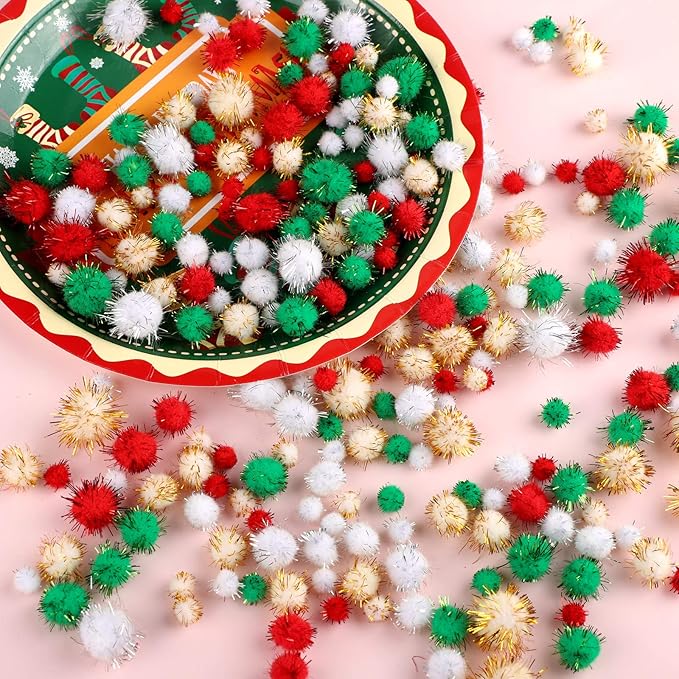 Aneco 900 Pieces Glitter Christmas Pom Poms Assorted Sizes and Colors Pompoms with Glitter Foil Christmas Crafts Fluffy Balls for Holidays DIY Art Crafts Supplies