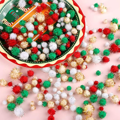 Aneco 900 Pieces Glitter Christmas Pom Poms Assorted Sizes and Colors Pompoms with Glitter Foil Christmas Crafts Fluffy Balls for Holidays DIY Art Crafts Supplies