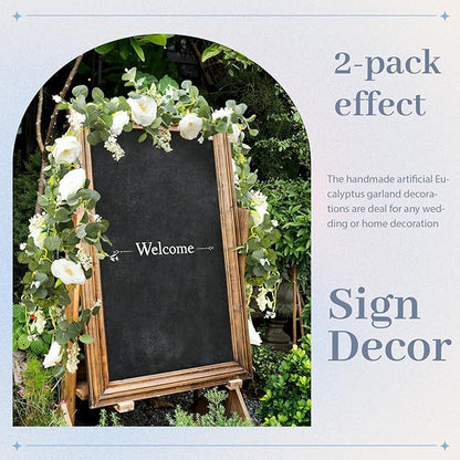 Der Rose 2Pcs Artificial Eucalyptus Flower Garland with Fake Rose Flower Vine Seeded Eucalyptus Leaves Greenery Garland for Wedding Table Runner Backdrop Party Centerpiece Decor (White-Total 13FT)