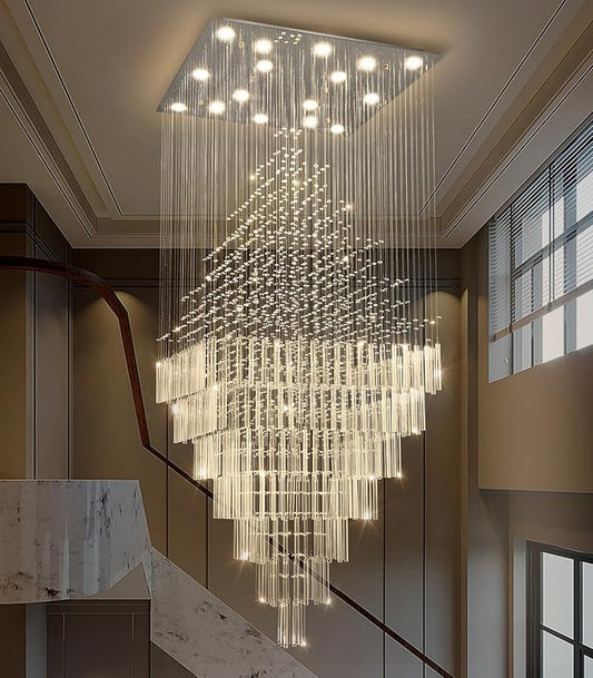 W40 x H120 Glam Chandelier with LED Bulbs Square Chandeliers, Crystal Raindrop High Ceiling Pendant Light for Entrance Large Villa Chandelier Foyer Lighting Fixtures Silver