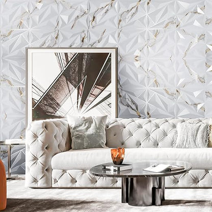 Art3dwallpanels 33 Pack 3D Wall Panel Diamond for Interior Wall Décor, PVC Textured Wall Panels, 12''x12'' Cover 32.Sq.Ft. Gold Veined White