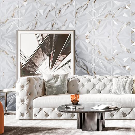 Art3dwallpanels 33 Pack 3D Wall Panel Diamond for Interior Wall Décor, PVC Textured Wall Panels, 12''x12'' Cover 32.Sq.Ft. Gold Veined White