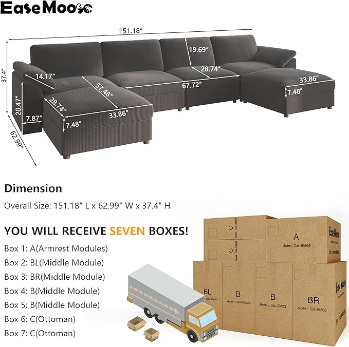 EASE MOOSE Modular Sectional Sofa,Oversized U Shape Sectional Couch with Ottoman,Wide Deep Modular Cloud Couch,Removable Cover