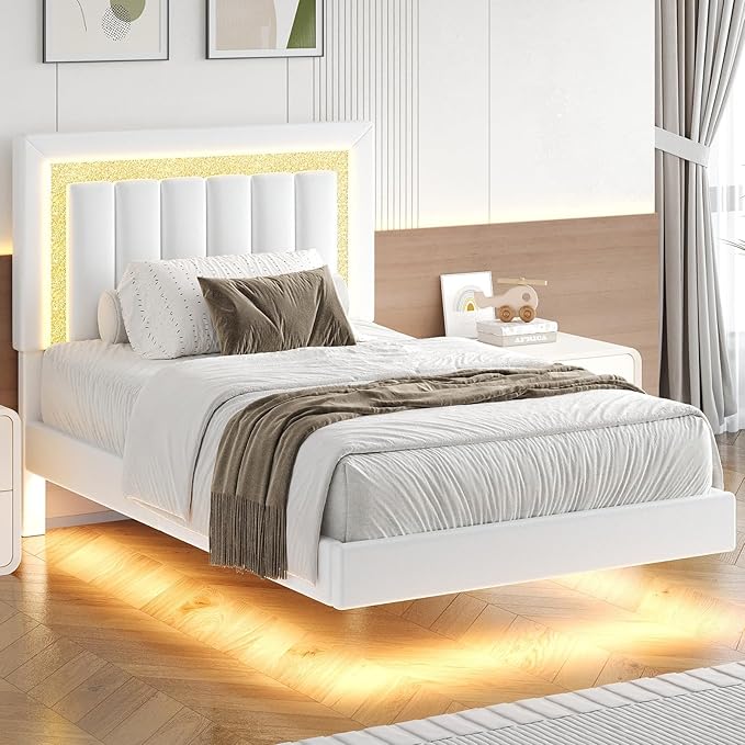 HOMBCK Floating Twin Bed Frame with Smart LED Lights, Faux Leather Upholstered Platform Bed with Diamond Headboard, No Box Spring Needed, Noise-Free, Easy Assembly, White