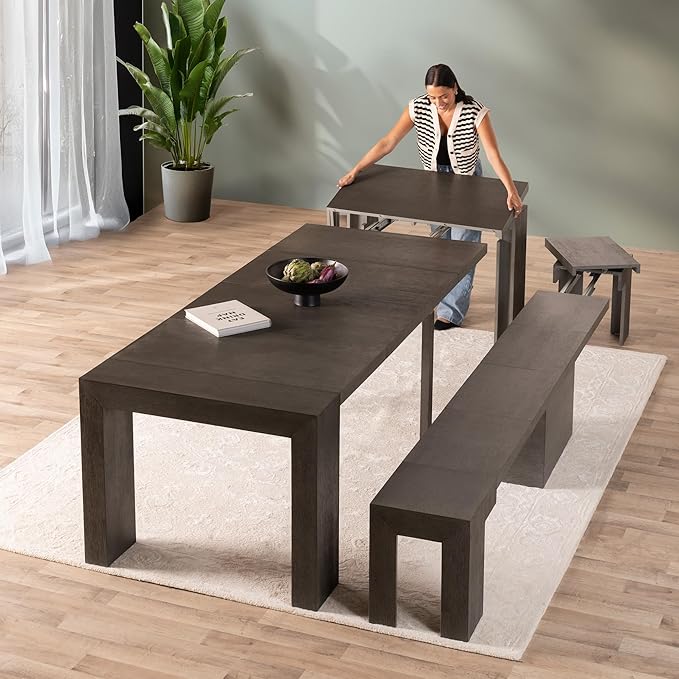Transformer Table Expandable Dining Table for 2 to 12, Solid Wood Extendable Kitchen Table, Space-Saving Furniture, Small to Large Adjustable Dinner Table with Bench (Dark Grey, Table + Bench)