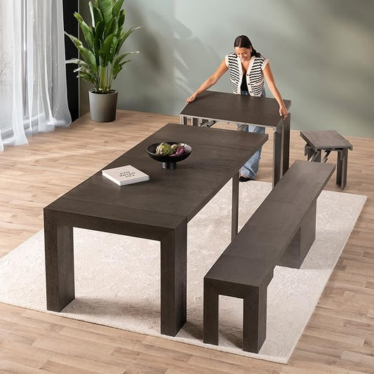 Transformer Table Expandable Dining Table for 2 to 12, Solid Wood Extendable Kitchen Table, Space-Saving Furniture, Small to Large Adjustable Dinner Table with Bench (Dark Grey, Table + Bench)