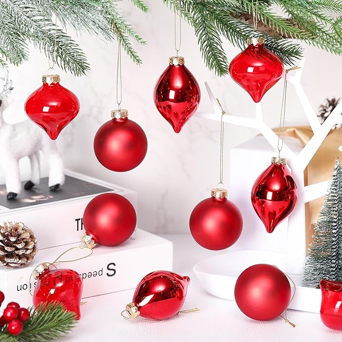 Zomiboo 12 Pcs Burgundy Red Glass Christmas Ball Ornaments Set 3.15" Hanging Shatterproof Glass Bulbs for Christmas Tree Baubles Bulk for Holiday Xmas Tree Decorations Gifts