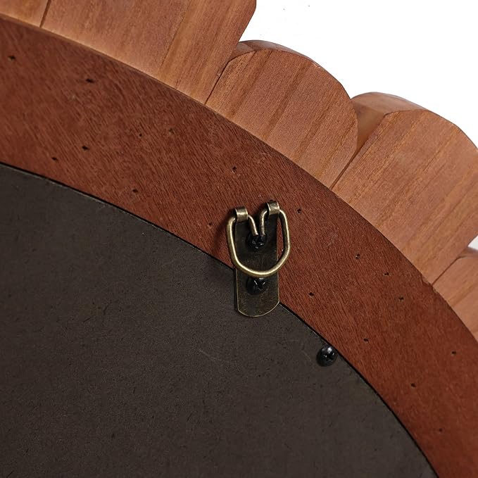 LuxenHome 35-Inch Round Wood Wall Mirror for Lving Room, Vintage Circle Decorative Vanity Mirror with Petal Frame, Wall Mounted Hanging Sculptures for Bathroom Bedroom Entryway Home Decoration