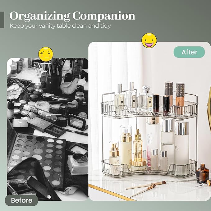 Aveniee Corner Bathroom Counter Organizer, Bathroom Countertop Shelf Makeup Organizer for Vanity Perfume Corner Storage (2 Tiers, Grey)