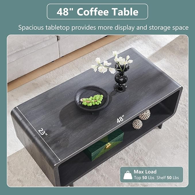 48" Modern Coffee Table, 2-Tier Minimalist Center Table with Storage Shelf, Curved Profile Design, Wooden Rectangular Living Room Table w/Wood Thick Design for Living Room, Office, Dark Grey