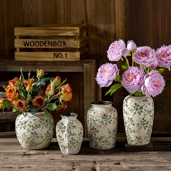 Vintage Pastoral Green and Beige Flower Vase, Ceramic Floral Vases, Retro Ice Cracked Chinoiserie Vase for Home Cottage Core Decor, Bookshelf, Office, Mantel, Wedding Rustic Table Centerpiece 8.5 Inch