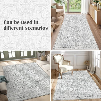 jinchan Vintage Floral Washable Runner Rug 2x10 Non-Slip Low Pile Carpet, Grey