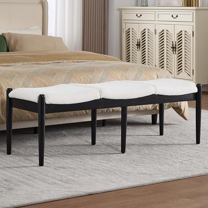 DUOMAY 55'' Modern Ottoman Bench, Chenille Upholstered Entryway Bench Bedroom Bench with Wood Legs, End of Bed Bench for Bedroom, Living Room, Corners, Kitchen, White