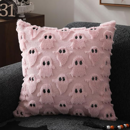 DFXSZ Halloween Pillow Covers 18x18 inch Set of 2 Pink Ghost Throw Pillow Cases Soft Plush Faux Fur Wool Cushion Case for Chair Bedroom Living Room Home Decor PTK03B18