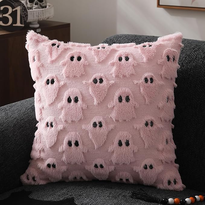 DFXSZ Halloween Pillow Covers 16x16 inch Set of 2 Pink Ghost Throw Pillow Cases Soft Plush Faux Fur Wool Cushion Case for Chair Bedroom Living Room Home Decor PTK03B16