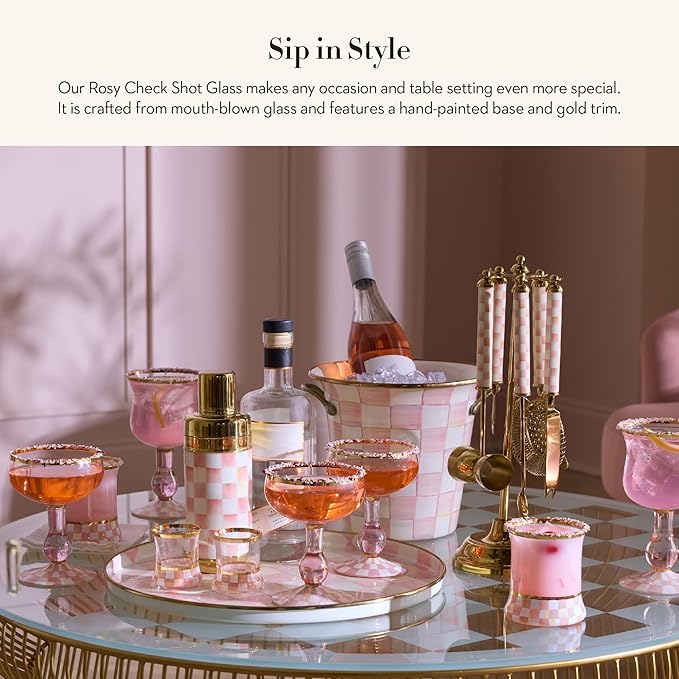 MACKENZIE-CHILDS Shot Glass, Cute Shot Glass for Drinking or Decor, 2 Ounces, Pink-and-White Rosy Check