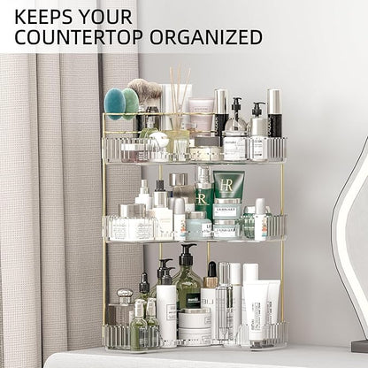 Makeup Organizer Countertop 3 Tier, Corner Bathroom Countertop Organizer with Toothbrush and Makeup Brush Holder, Corner Vanity for Skincare Organization