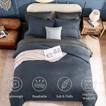 Geniospin Twin Comforter Set - 5 Pieces Blue Gray Textured Bed in Bag, Twin Bedding Sets with Comforter, Sheets, Pillowcases & Shams，All Season Blue Gray Bedding