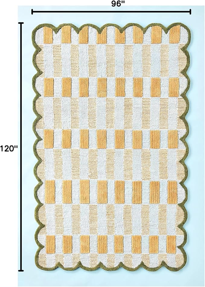 Hand-Tufted Wool Rug with Scalloped Edges, Light Blue Plaid Pattern, Cozy Soft Area Rug for Living Room, Bedroom, and Nursery, Handmade Modern Accent Rug, 8x10 Ft