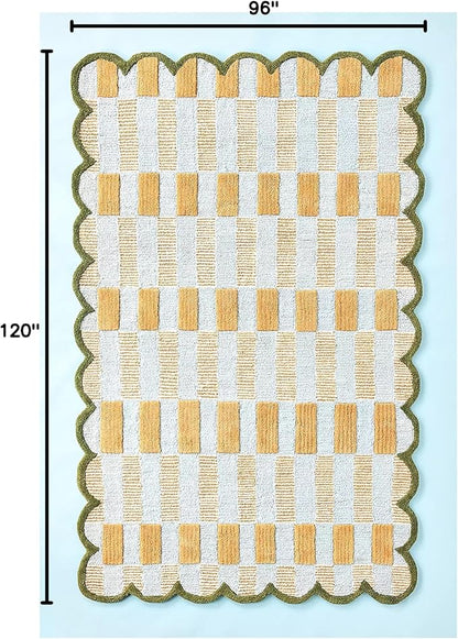 Hand-Tufted Wool Rug with Scalloped Edges, Light Blue Plaid Pattern, Cozy Soft Area Rug for Living Room, Bedroom, and Nursery, Handmade Modern Accent Rug, 8x10 Ft