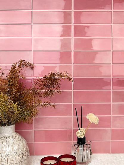 5 Pack Peel and Stick Backsplash Subway Tiles, Extra Thick 3D Wall Panels, Heat & Water Resistant, Easy DIY Kitchen, Bathroom, Laundry, Fireplace & Rental Home Wall Décor (12 x 12 in), Pink