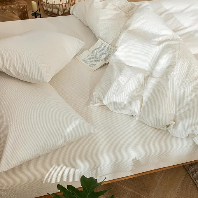 MooMee Striped Duvet Cover Set 100% Washed Cotton Linen Like Textured Breathable Durable Soft Comfy (Almond Milk Grey Pinstripes, Oversized Queen 98"x98")