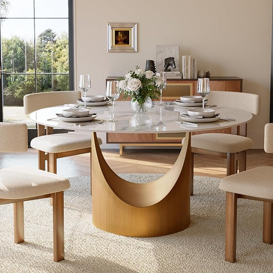 POVISON Round Dining Table for 4-6, 51" Glossy White Sintered Stone Top with Bronze Carbon Steel Pedestal
