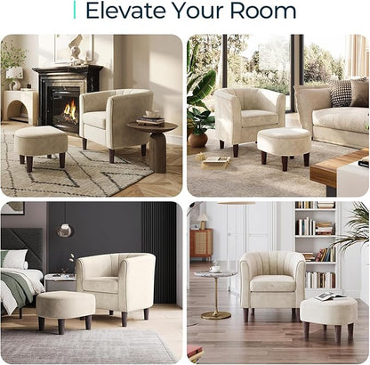 LINSY Accent Chair with Ottoman, Modern Armchair Comfy Barrel Reading Chair with Footrest for Living Room Bedroom Reading Room, Velvet, Beige