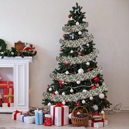 50 FT Christmas Tinsel Garland Christmas Decorations for Xmas Tree Decor Metallic Twist Shiny Hanging Garlands for Tree Mantel Stairs Fireplace Home Indoor Holiday Party Supplies (Red Green White)