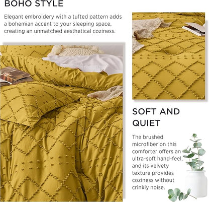 Bedsure King Comforter Set - Mustard Yellow Comforter, Boho Tufted Shabby Chic Bedding for Kids, 3 Pieces Vintage Farmhouse Bed Set for All Seasons, Fluffy Soft Bedding with 2 Pillow Shams