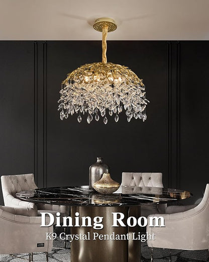 Modern Crystal Chandelier for Dining Room, 8-Light 23.62" Gold Tree Branch Chandeliers, Luxury K9 Crystal Rectangular Chandeliers for Kitchen Island Living Room