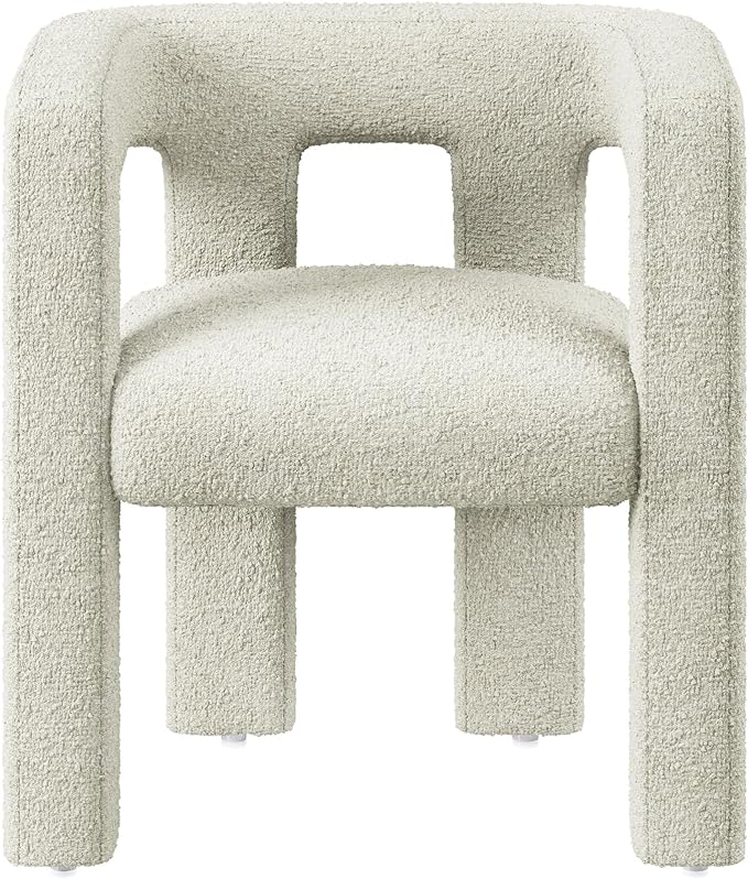 BELLEZE Modern Boucle Barrel Dining Chair, Upholstered Linen Kitchen Boucle Armchair with Sidearms and Back, for Dining Room Living Room- Cream
