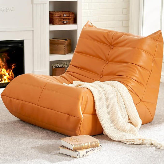 Hobestluk Giant Bean Bag Chair Lazy Floor Sofa, Fireside Sofa for Adults, Big Beanbag Faux Leather Armless Chair for Living Room Bedroom Dorm Office (Orange, Single)