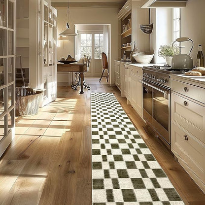 EVERGRACE Checkered Plaid Area Rug 2x10, Soft Fuzzy Faux Wool Rugs Washable Anti Slip Rugs Long Runner Carpet for Entryway Bedroom Living Room Hallway Kitchen Dining Room and Laundry, Olive Green