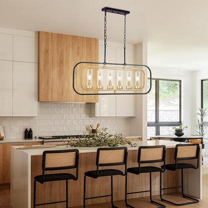 Dining Room Chandelier, 36" Modern Farmhouse Chandelier Black and Gold Dining Room Light Fixture 6-Light Kitchen Island Lights Horizontal Linear Pendant Light Fixtures with Clear Glass Shade