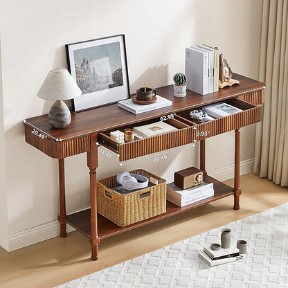 63'' Fluted Console Table with 2 Drawers, 2-Tier Long Entryway Tables with Open Storage, Wooden Narrow Sofa Table Behind Couch, Foyer Accent Table for Living Room, Hallway, Entrance (Walnut)