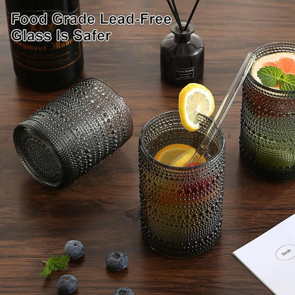 Vintage Hobnail Drinking Glasses Set of 8,Grey 12 oz & 15oz Highball Glass Cups, Kitchen Drinkware Glassware