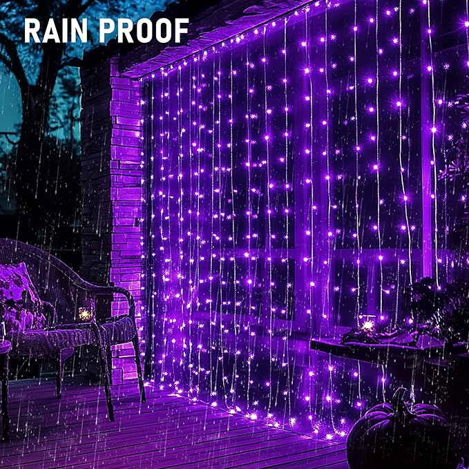 Dazzle Bright 300 LED Christmas Curtain String Lights, Halloween Fairy Lights for Bedroom with 8 Lighting Modes, Waterproof Window Light Party Wedding Garden Wall Decor, Purple